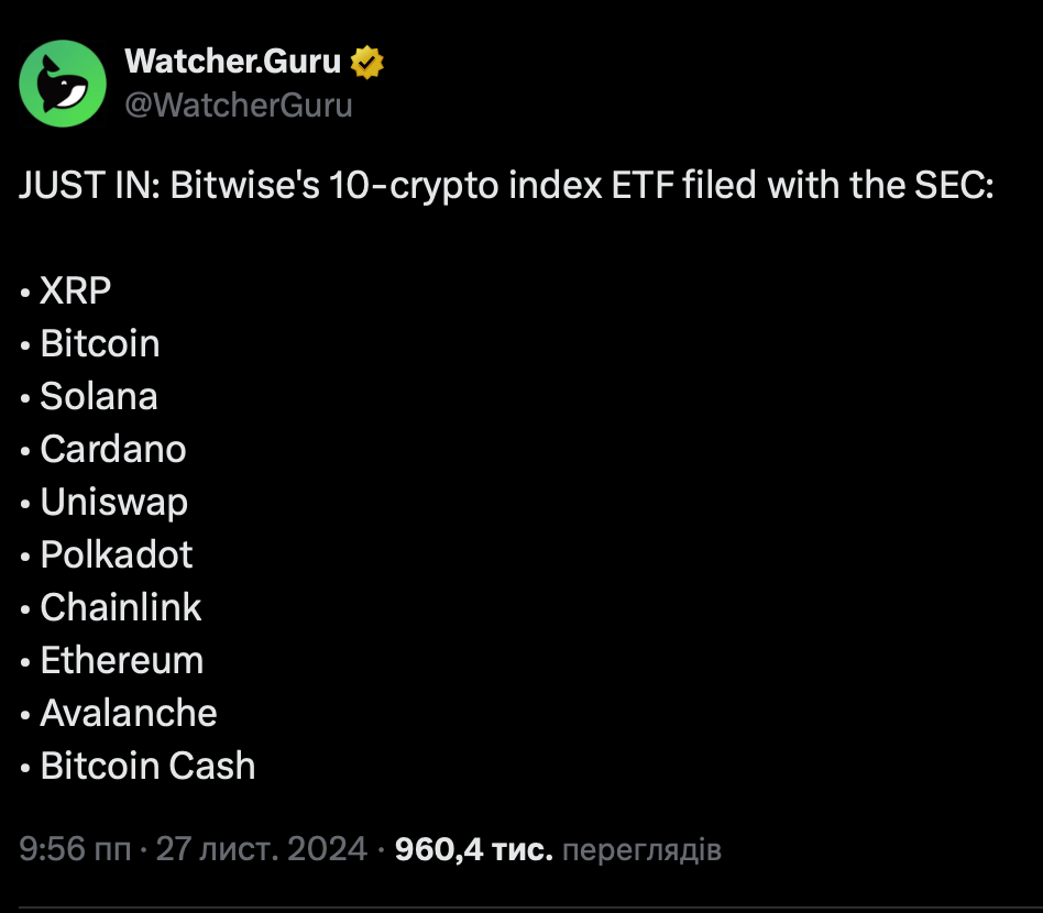 Bitwise подала заявку в SEC на лістинг Crypto Index ETF