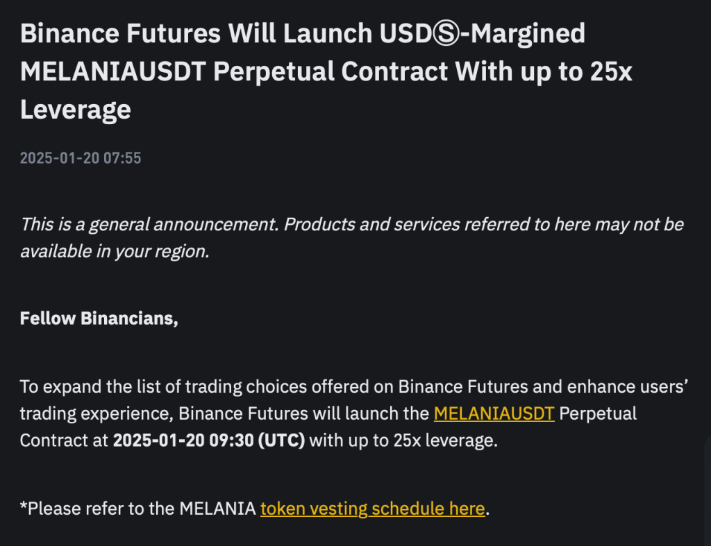 Запуск ф'ючерсів MELANIA на Binance запланований 20 січня 2025 року